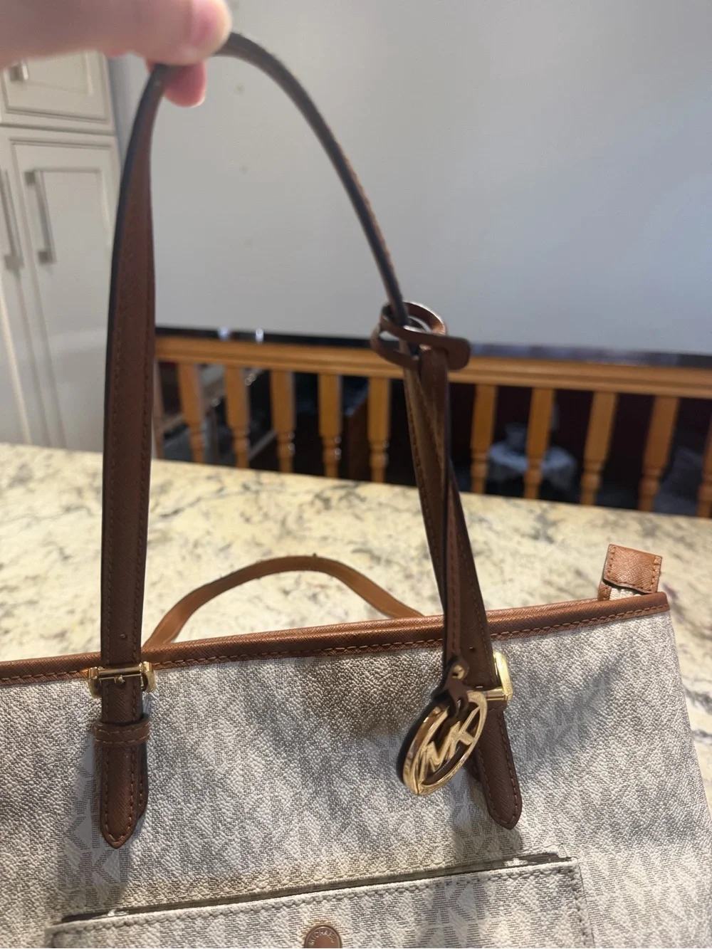 Michael Kors Jet Set Travel White Signature MK Tote with Brown Leather Trim